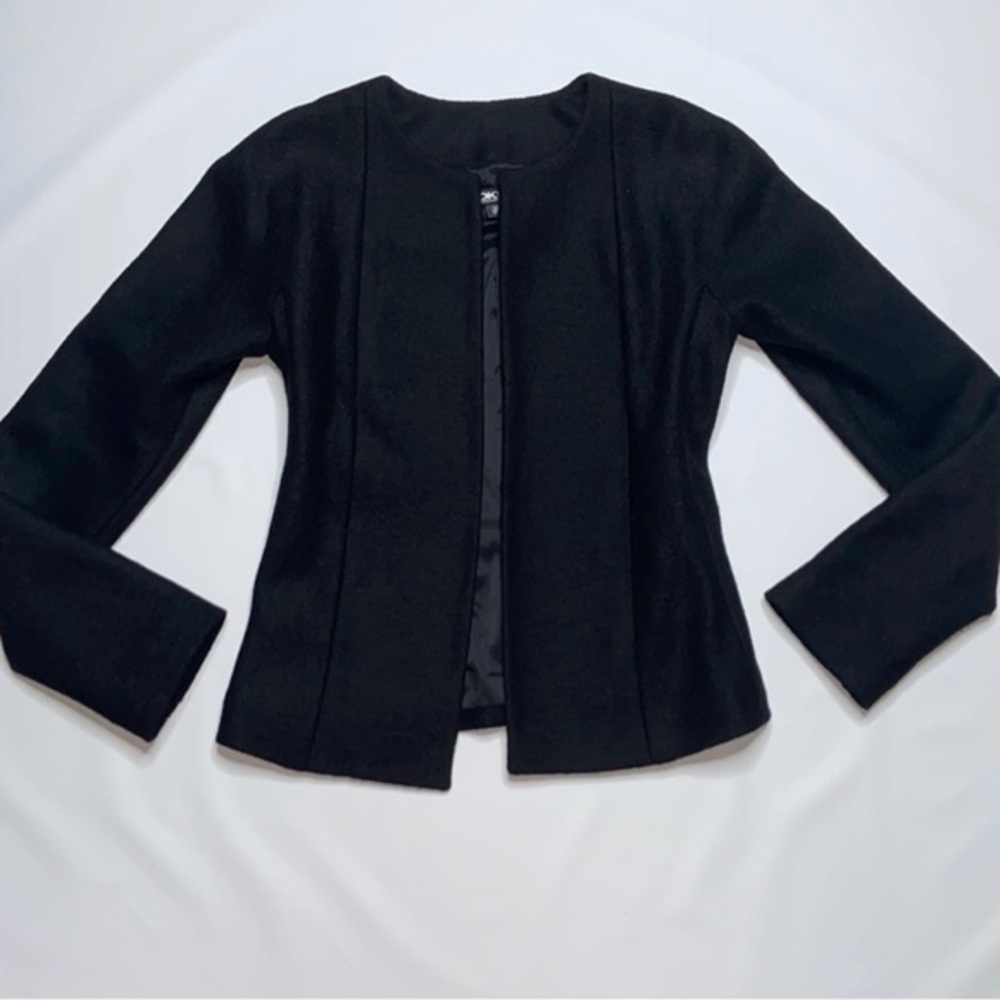 DKNY Women's Black Collarless Open Front Wool Jacket Size 2